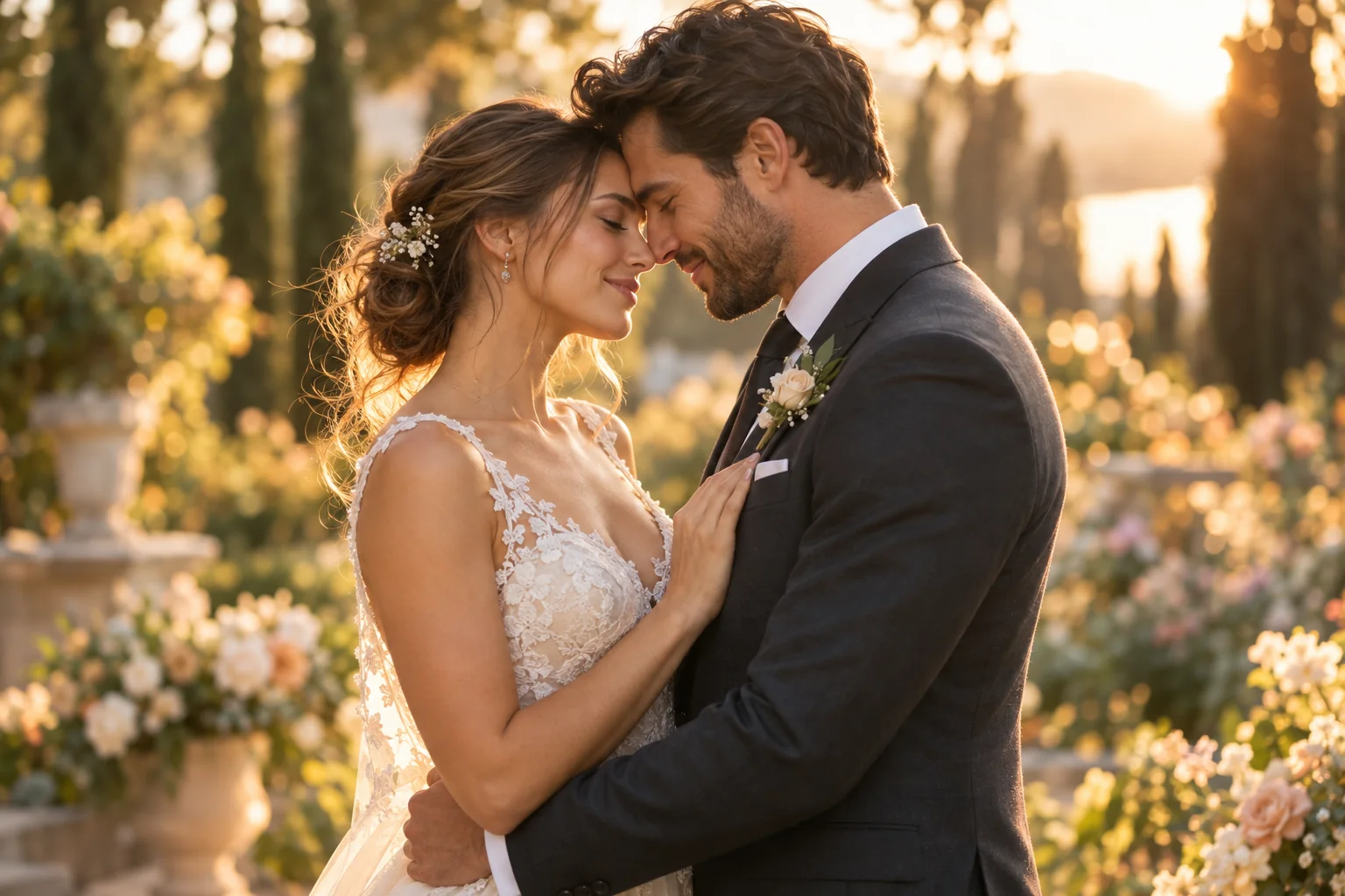 A bride and groom sharing a tender moment in golden light
